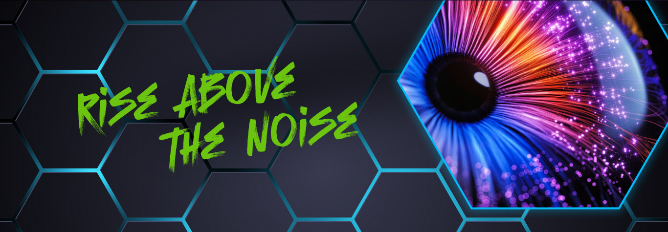 Graphic image depicting a colorful eye and the wording 'Rise Above The Noise'