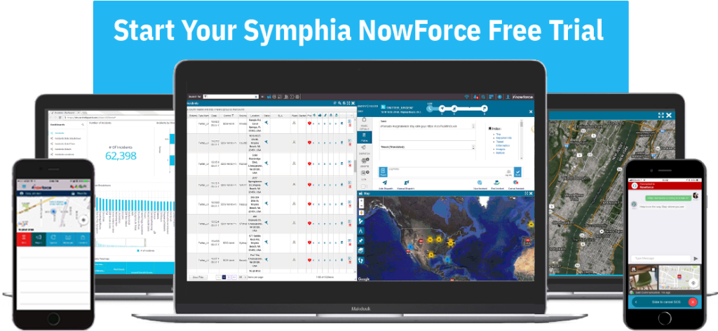 Images of laptops and iPhones with "Start your Symphia NowForce free trial" above them.