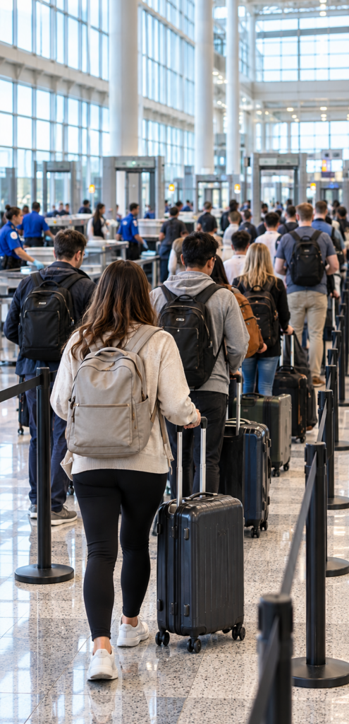 People waiting in security lines at an airport
